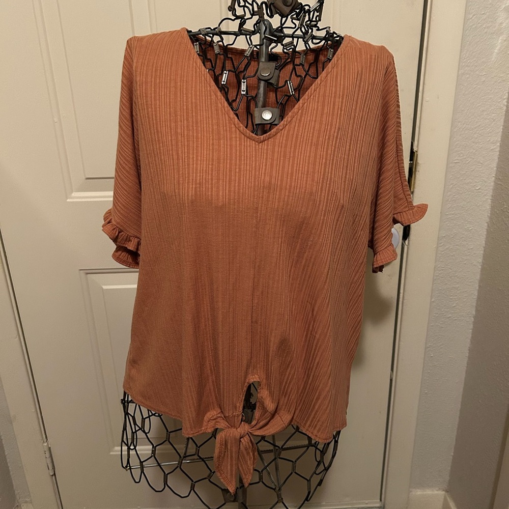 W5 Orange Ribbed Tie Front Blouse